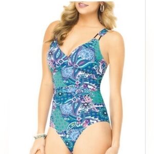 Love Your Assets Sara Blakely Paisley Spanx One Piece Swimsuit Blue Pnk Size S